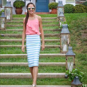 TANYA TAYLOR light blue cream horizontal striped stretch office pencil skirt